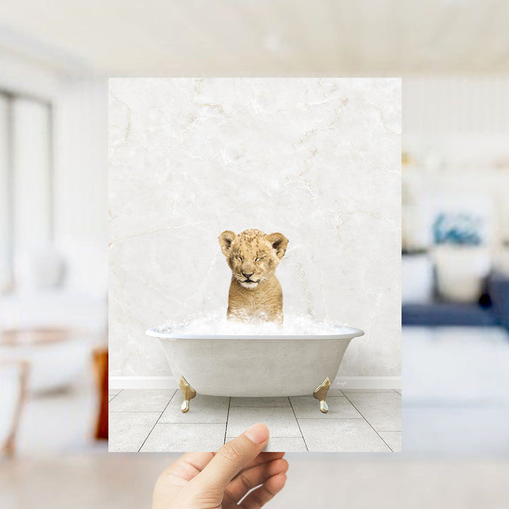 A hand holds up a framed image of a young lion cub sitting in a bathtub filled with water, looking at the camera.