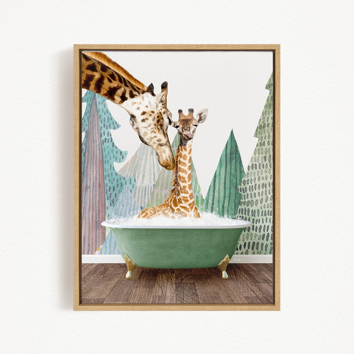 A mother giraffe and her baby giraffe are enjoying a bath together in a green tub, surrounded by a forest-themed background.