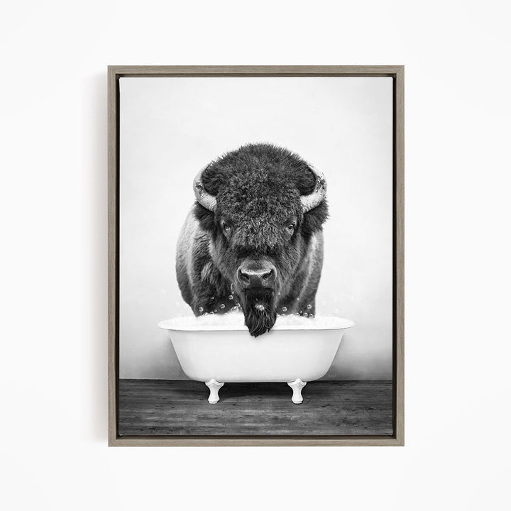 A black and white photograph of a buffalo standing in a bathtub, with its head and horns visible.