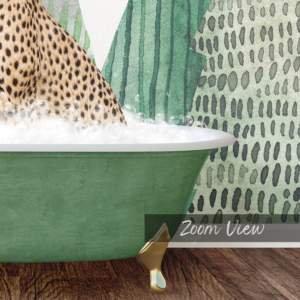 A leopard resting in a green bathtub filled with bubbles, with a patterned wall in the background.