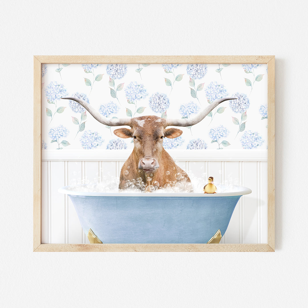 a picture of a cow in a bathtub with flowers on the wall