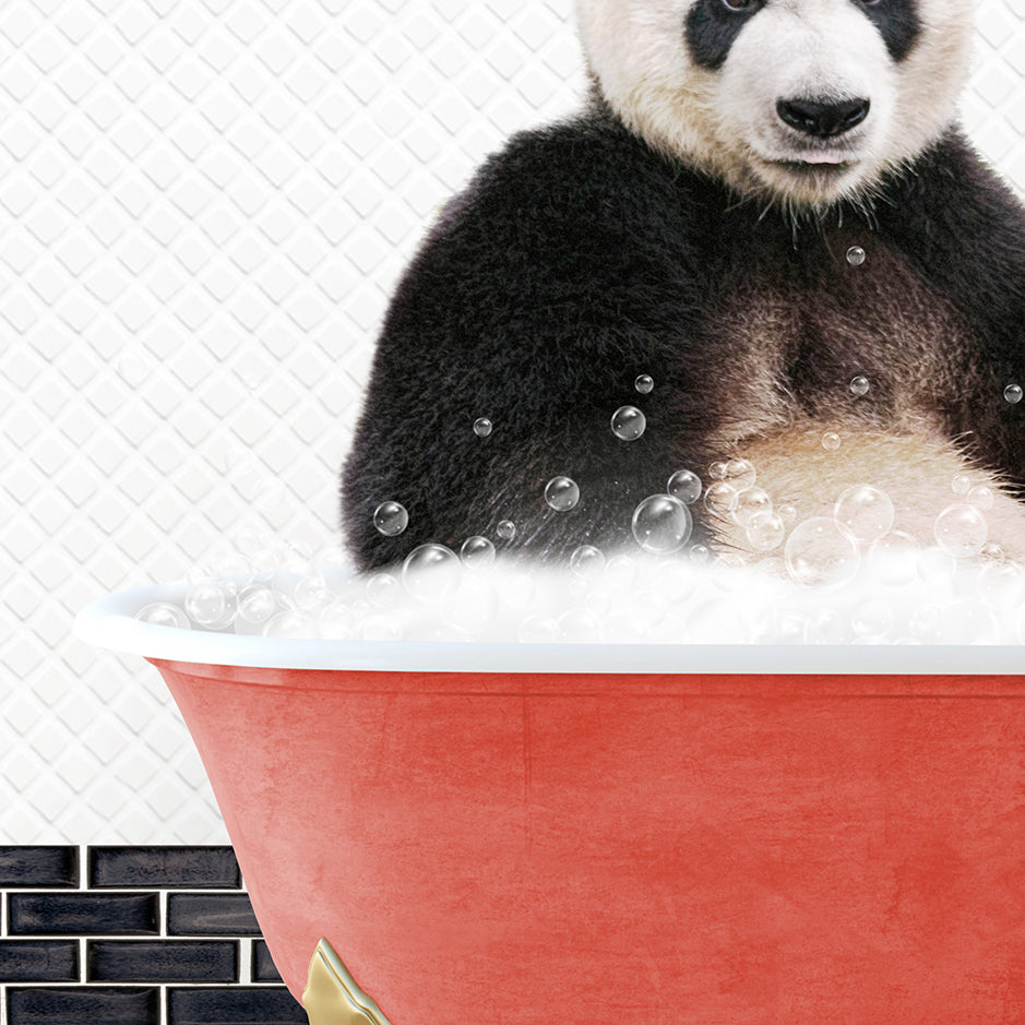 a panda bear sitting in a bathtub full of bubbles