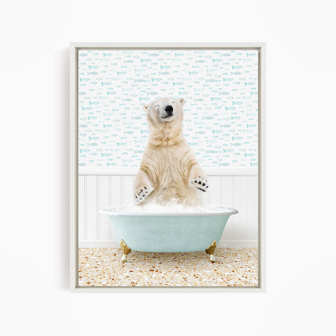 A polar bear standing in a bathtub filled with water, surrounded by a pattern of fish.