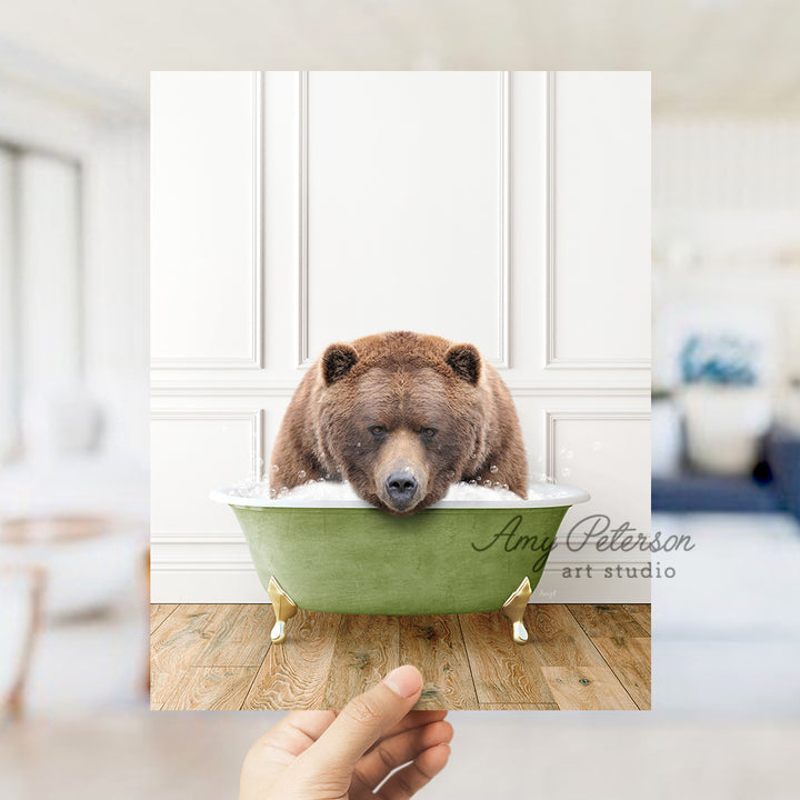 a bear is taking a bath in a green bathtub