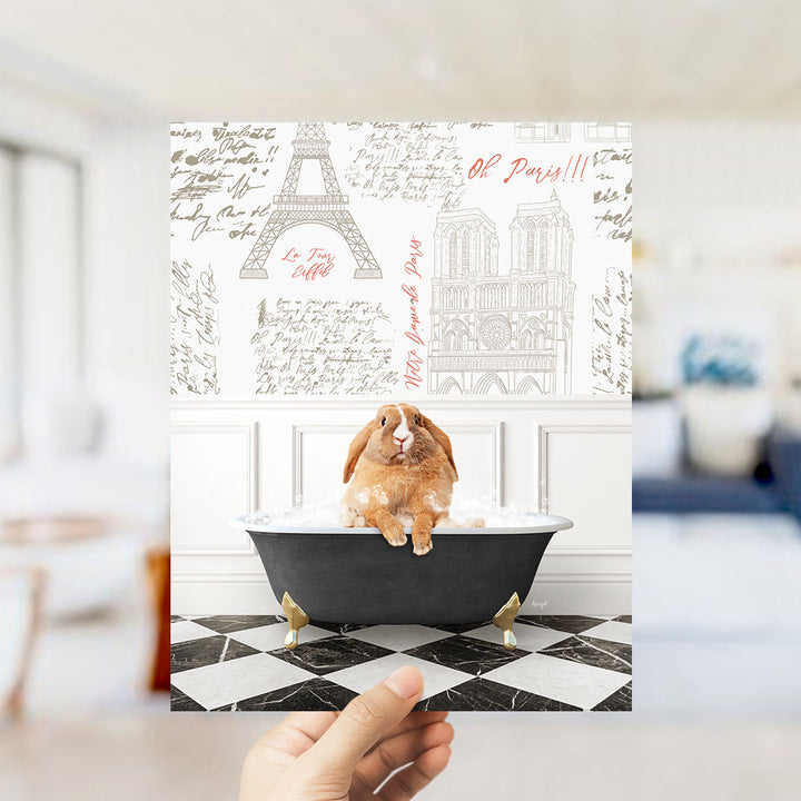 A hand holding a printed image of a brown rabbit sitting in a bathtub, with a Paris-themed background featuring the Eiffel Tower and other Parisian landmarks.