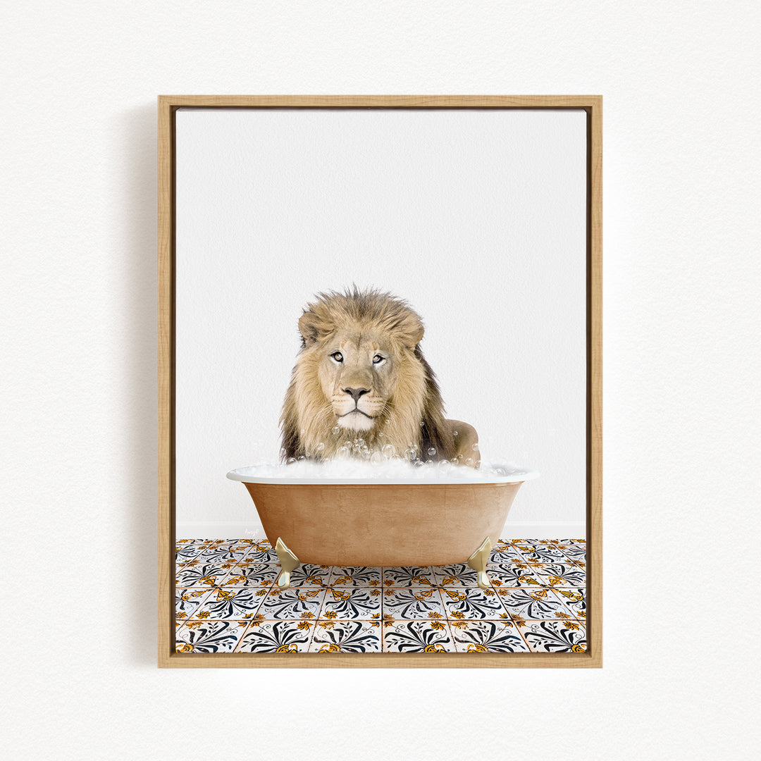 A lion sitting in a bathtub filled with bubbles, looking directly at the camera.