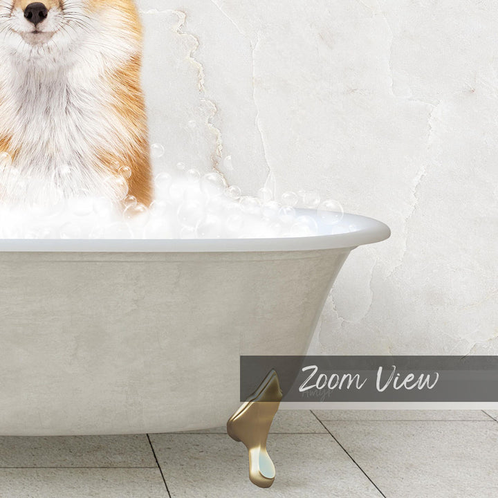 A fluffy dog is sitting in a bathtub filled with bubbles, with a text overlay that reads "Zoom View".