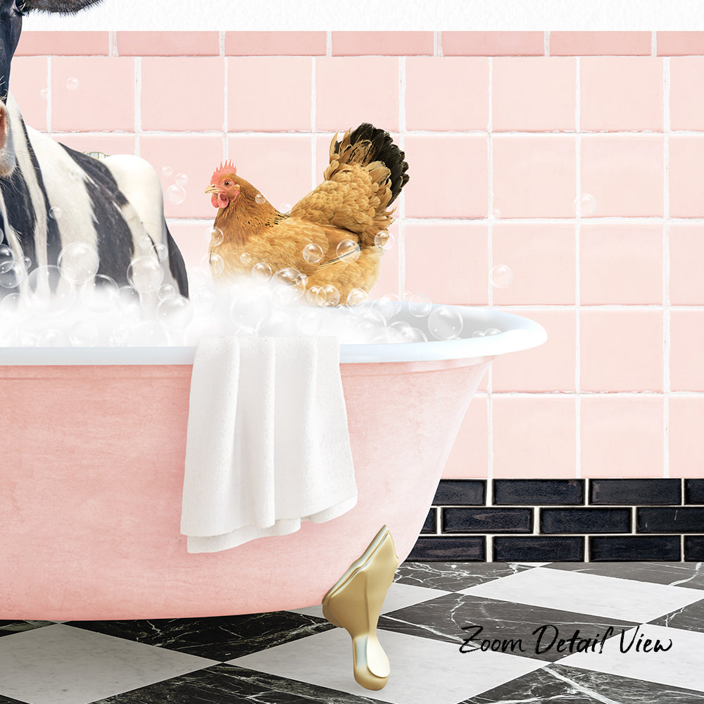 A chicken is sitting in a pink bathtub filled with bubbles, with a towel draped over the side and a zebra standing nearby.