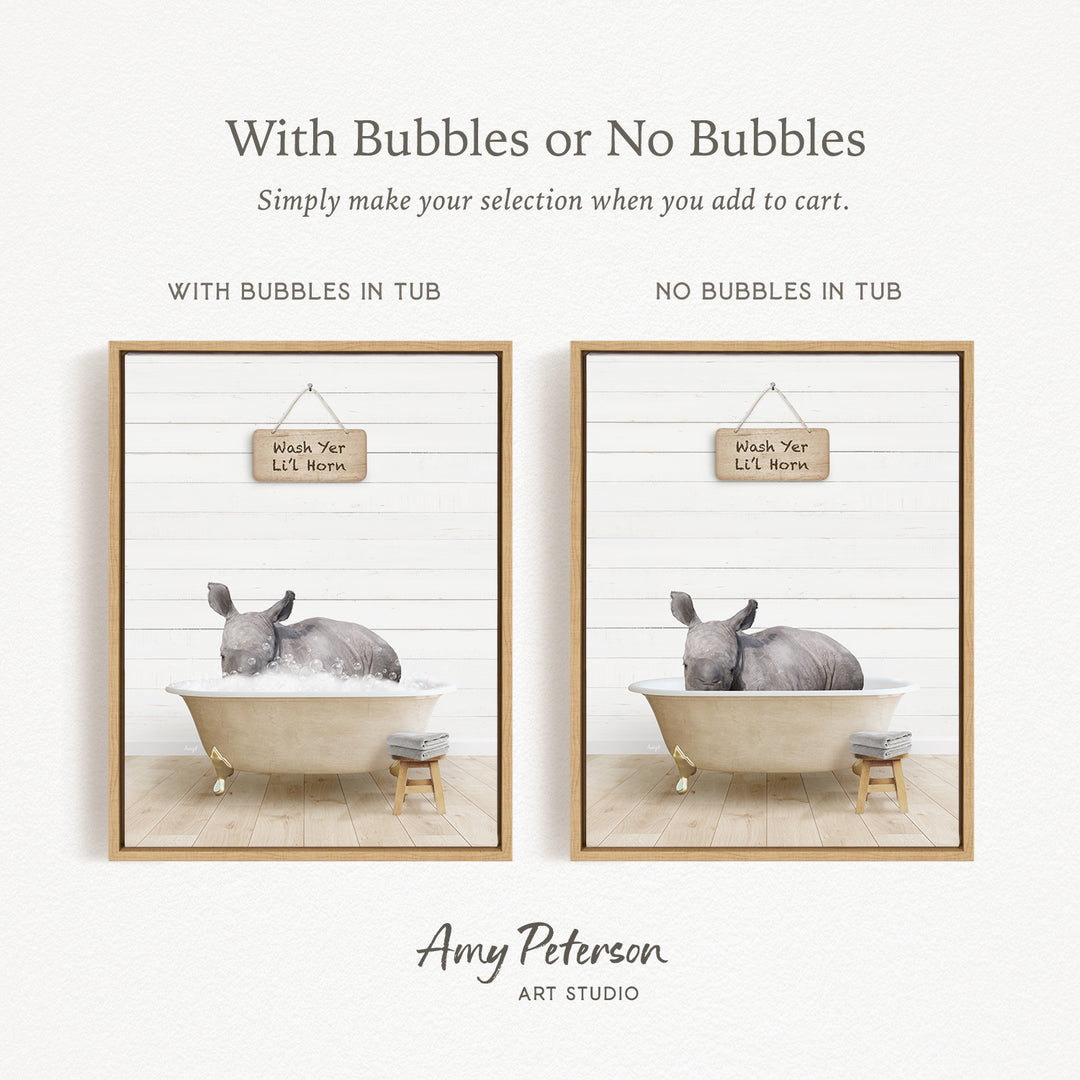 The image is a collage of two pictures, each depicting a gray rhinoceros in a bathtub. The rhinoceros is sitting in the tub, and there are two signs hanging above the tub. The signs read "Wash Yer Lilt Horn" and "Wish Yer Lilt Horn Horn Horn Horn Horn". The collage is titled "With Bubbles or No Bubbles" and is created by Amy Peterson from Art Studio.