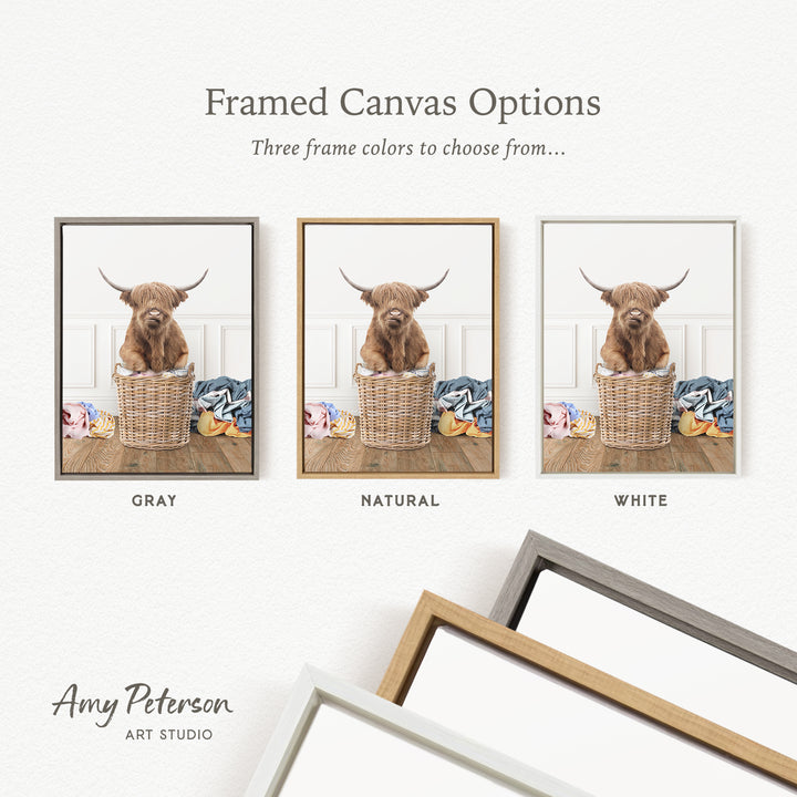 three framed canvas options, each featuring a brown cow sitting in a wicker basket. The options include a gray frame, a natural frame, and a white frame.