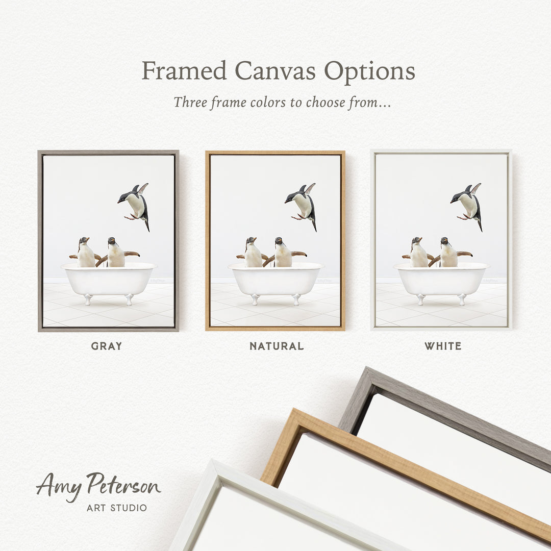 three framed canvas options, each featuring a different color: gray, natural, and white. The text above the images reads " Framed Canvas Options Three frame colors to choose from...".