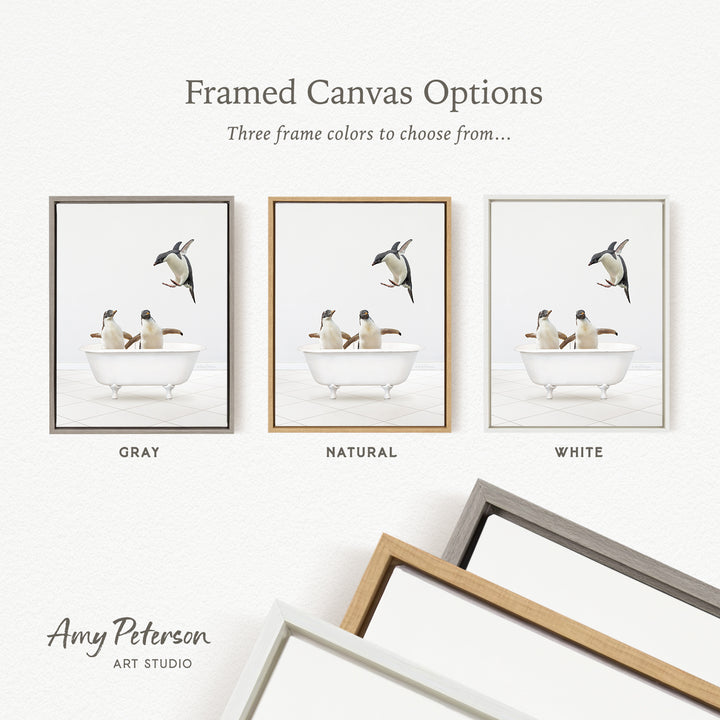 three framed canvas options, each featuring a different color: gray, natural, and white. The text above the images reads " Framed Canvas Options Three frame colors to choose from...".