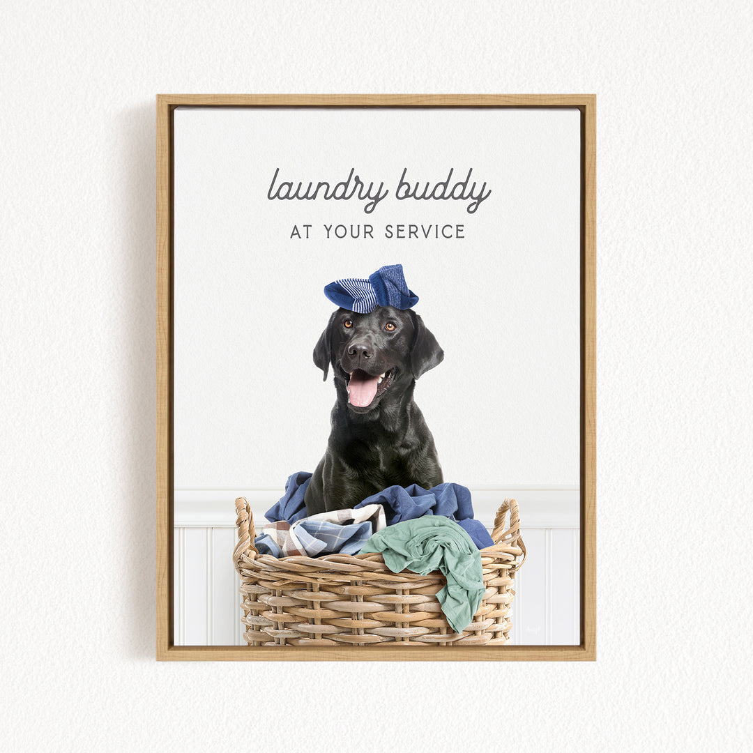 A black dog wearing a blue hat sits in a wicker basket filled with clothes, with the text "laundry buddy at your service" displayed above the image.