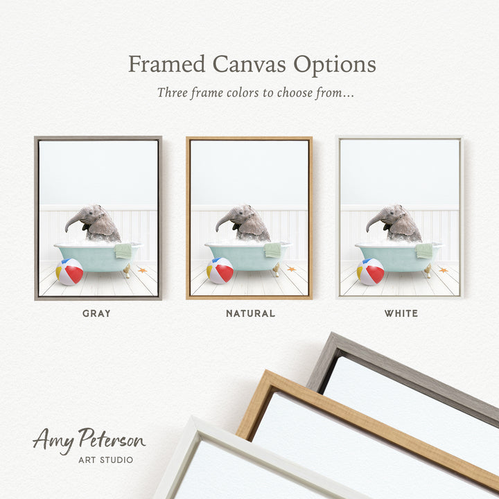 three framed canvas options, each with a different color: gray, natural, and white. The text above the images reads " Framed Canvas Options Three frame colors to choose from...".