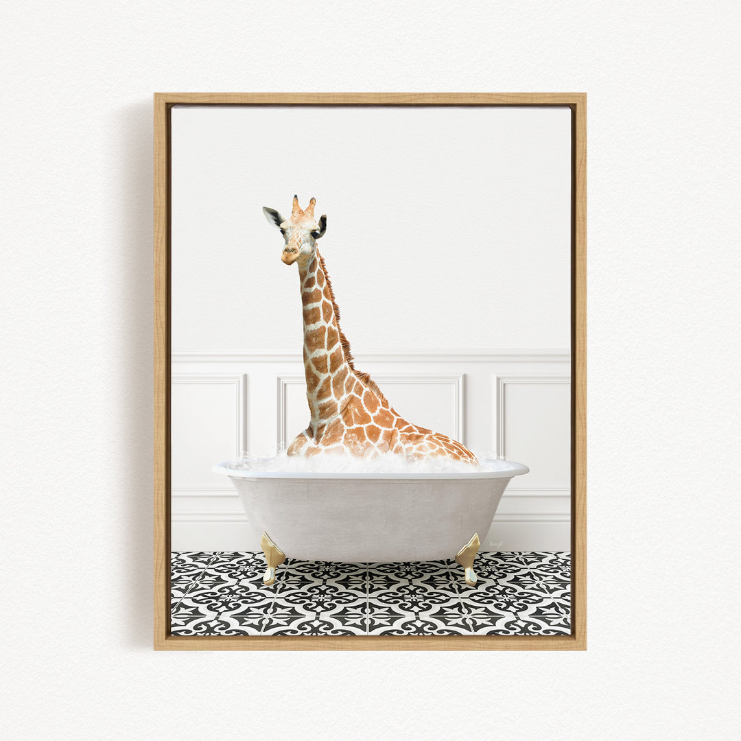 A giraffe sitting in a white bathtub filled with bubbles, creating a whimsical and playful scene.