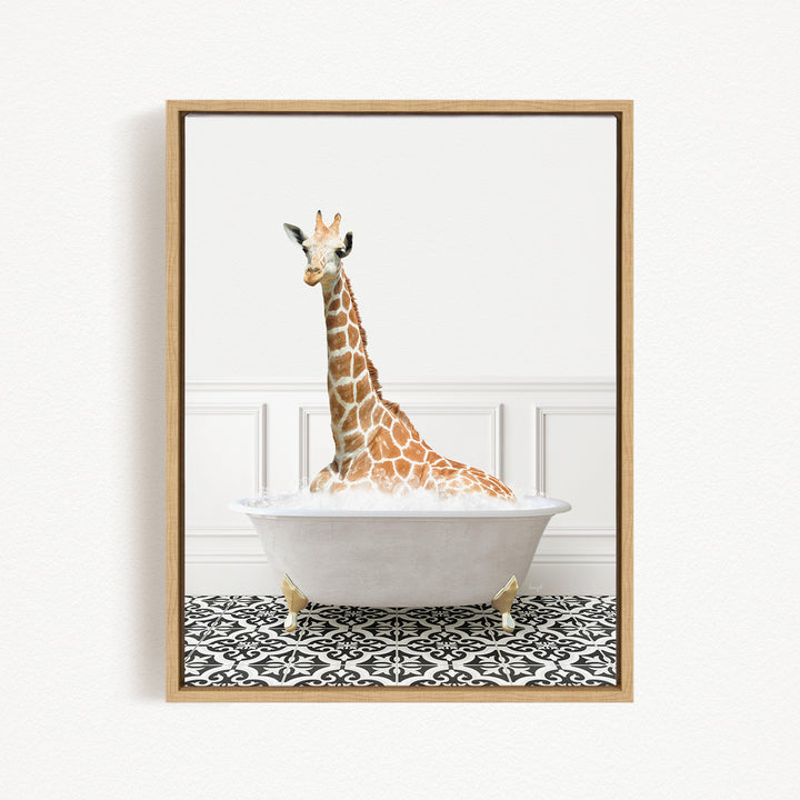 A giraffe sitting in a white bathtub filled with bubbles, creating a whimsical and playful scene.