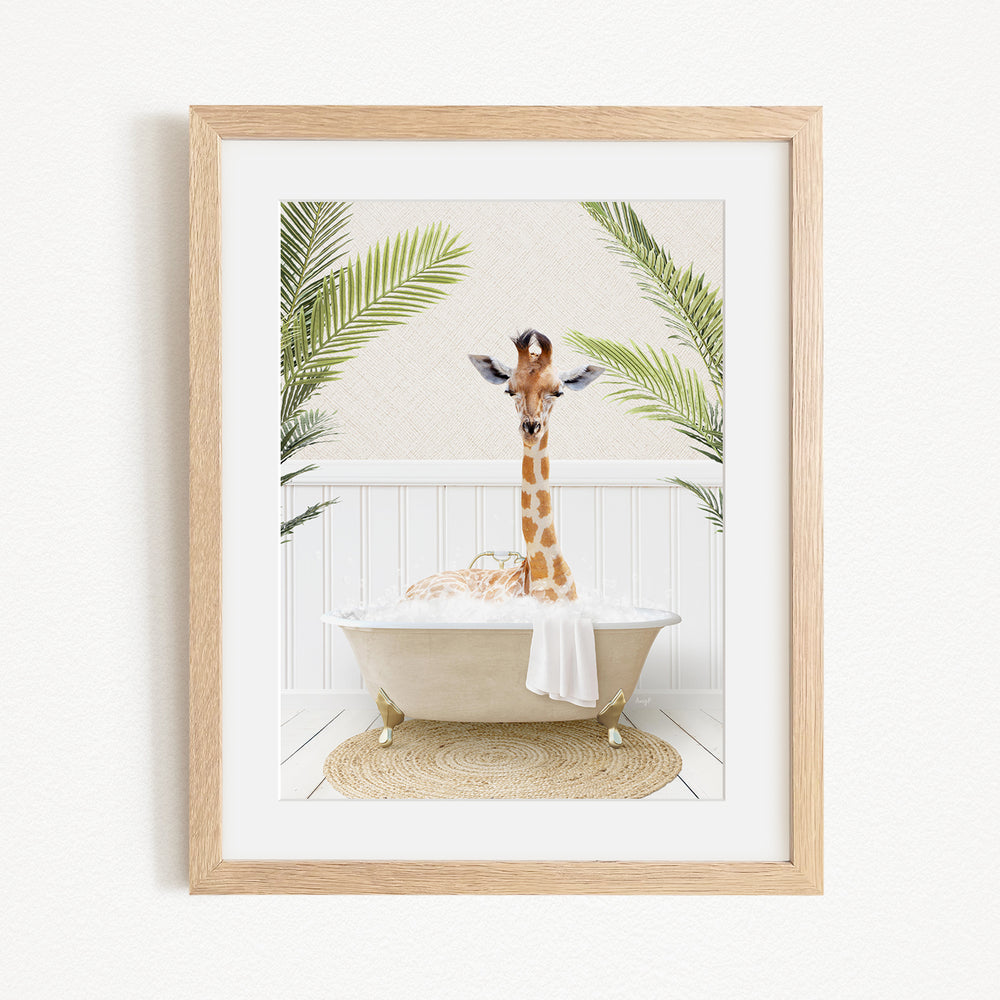 A giraffe sitting in a bathtub filled with bubbles, surrounded by palm leaves, creating a whimsical and playful scene.