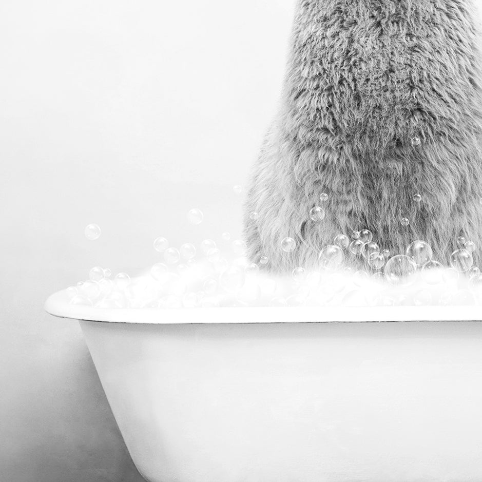 a furry animal sitting in a bathtub full of bubbles