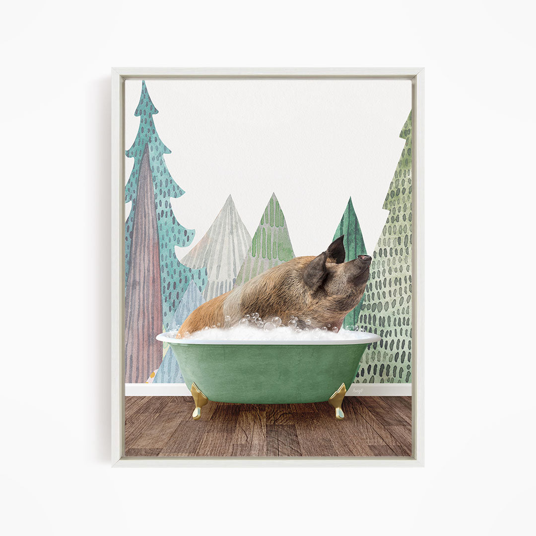 A brown dog is sitting in a green bathtub, surrounded by a forest-themed background with trees and a cloudy sky.
