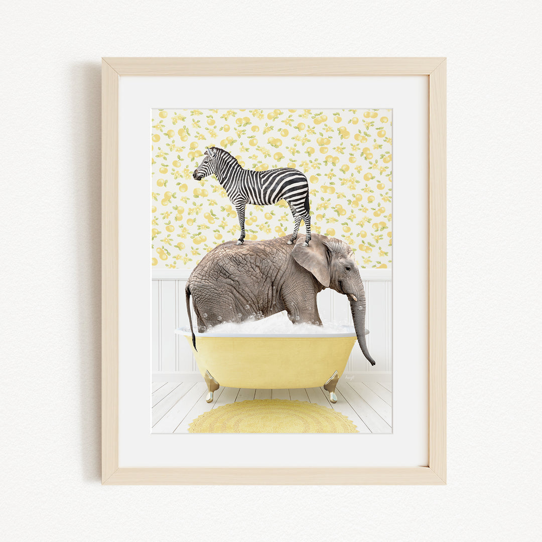 A zebra standing on an elephant's back in a yellow bathtub, with a yellow floral wallpaper in the background.