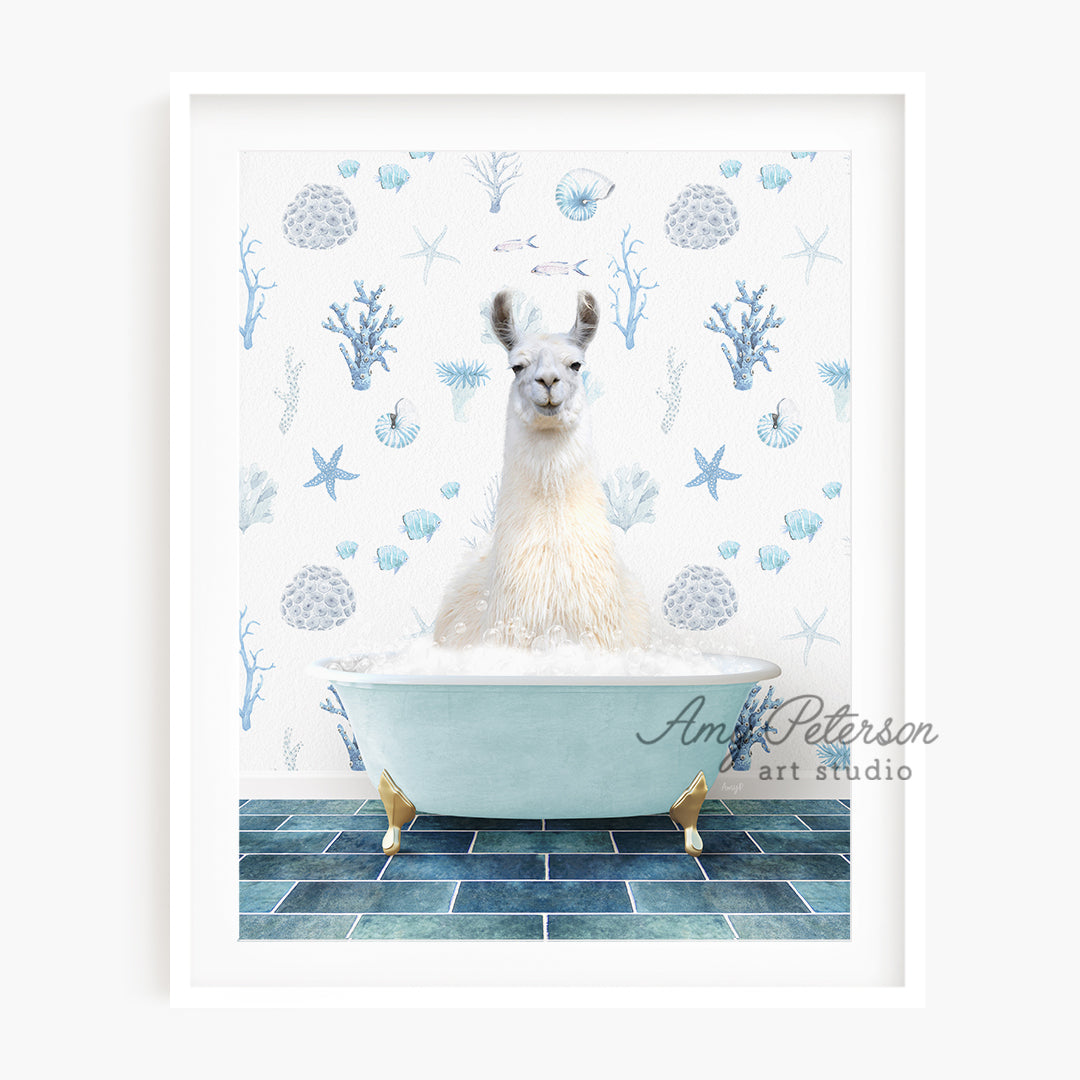 a llama sitting in a bathtub with a blue tile floor