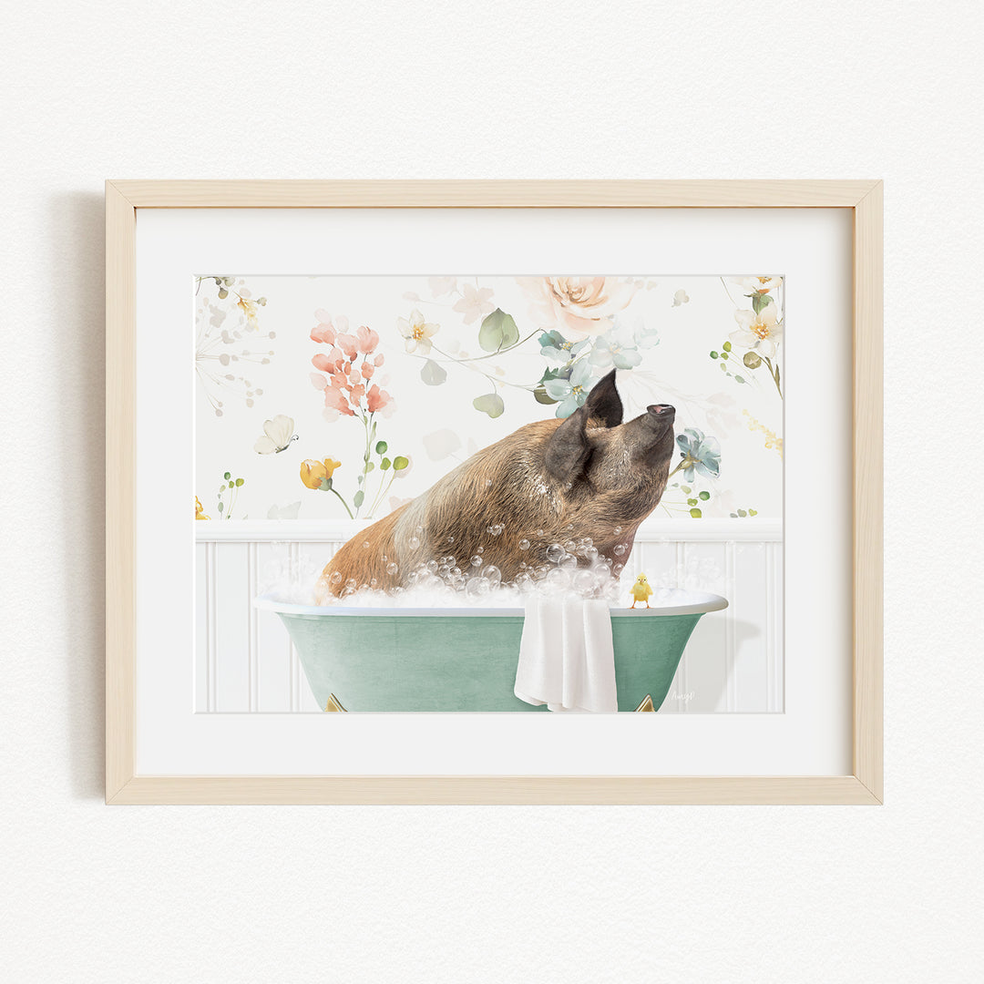 A brown pig sitting in a green bathtub filled with bubbles, surrounded by a floral background.