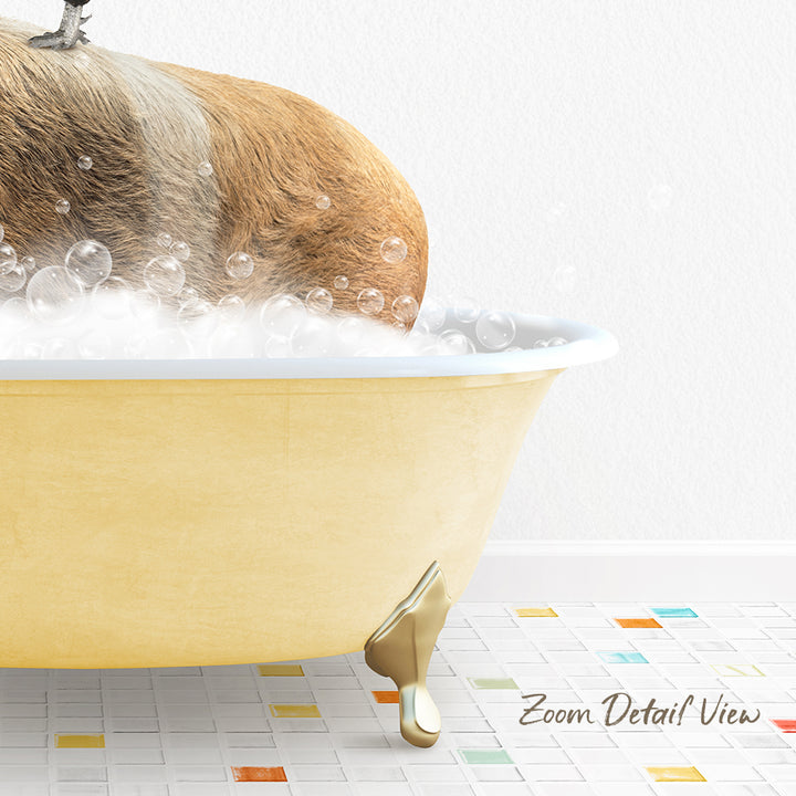 A dog is sitting in a yellow bathtub filled with bubbles, enjoying a relaxing bath.