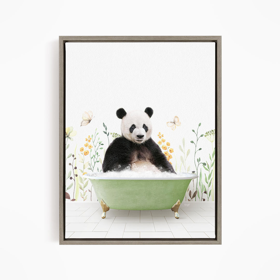 A panda bear sitting in a green bathtub filled with bubbles, surrounded by flowers and butterflies.