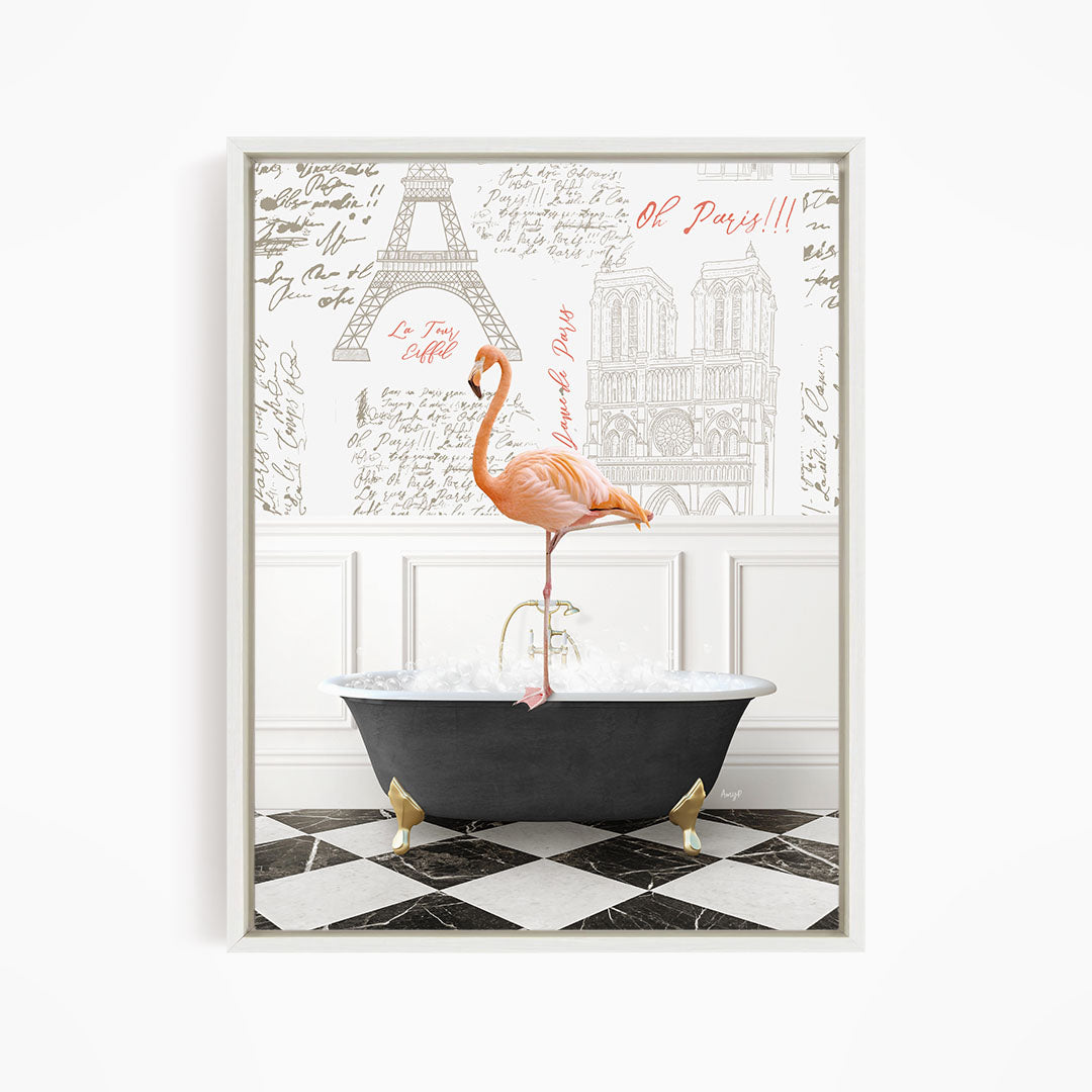 A pink flamingo stands in a bathtub filled with bubbles, surrounded by a black and white checkered floor and a wall with the Eiffel Tower and Paris inscriptions.