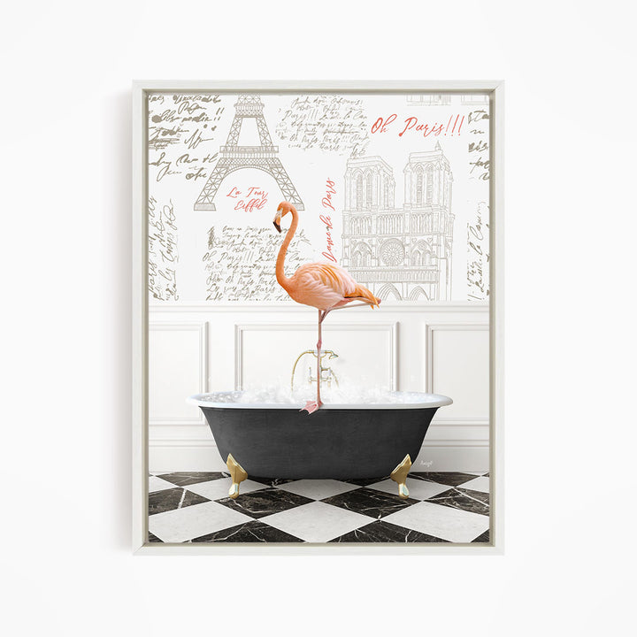A pink flamingo stands in a bathtub filled with bubbles, surrounded by a black and white checkered floor and a wall with the Eiffel Tower and Paris inscriptions.