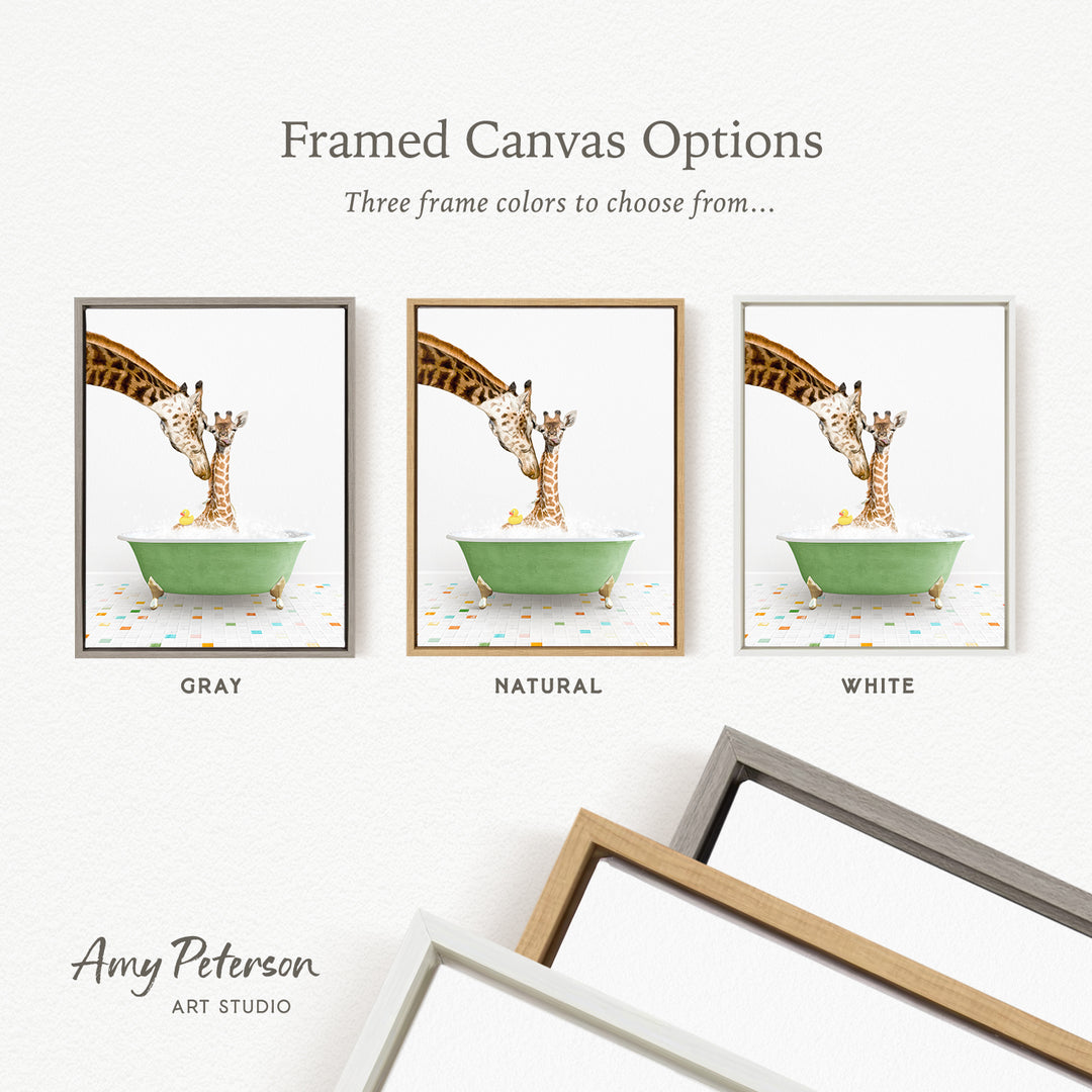 The image is a framed canvas option featuring three different colored frames with a giraffe and a bathtub in each frame.