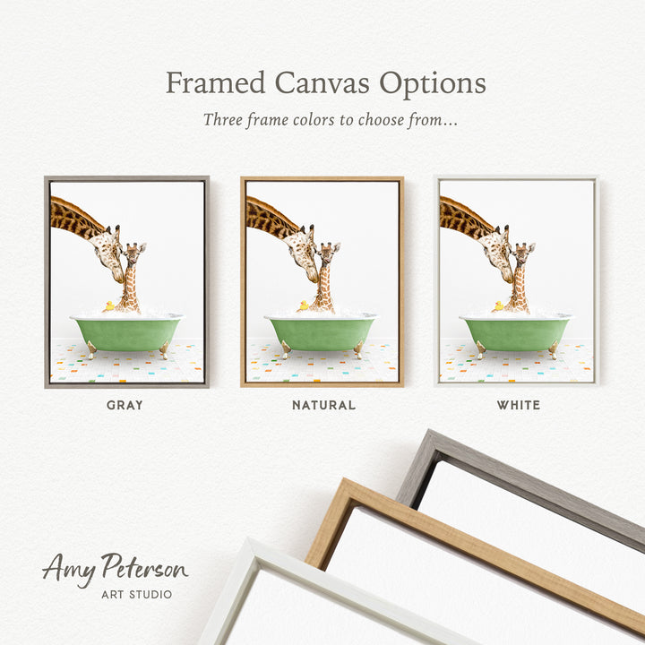 The image is a framed canvas option featuring three different colored frames with a giraffe and a bathtub in each frame.
