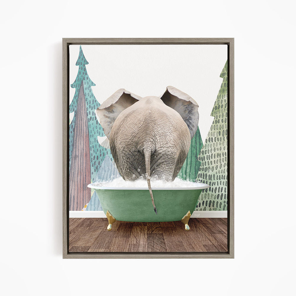 An elephant is standing in a green bathtub filled with water, surrounded by trees and a forest-like background.