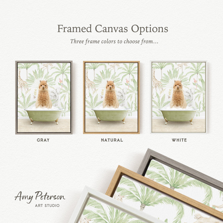 three framed canvas options, each featuring a different color and frame style. The options include a gray frame, a natural frame, and a white frame, each with a picture of a dog sitting in a bathtub.