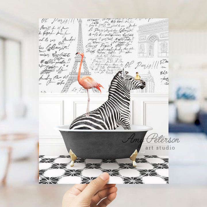 a zebra in a bathtub with a flamingo standing on top of it