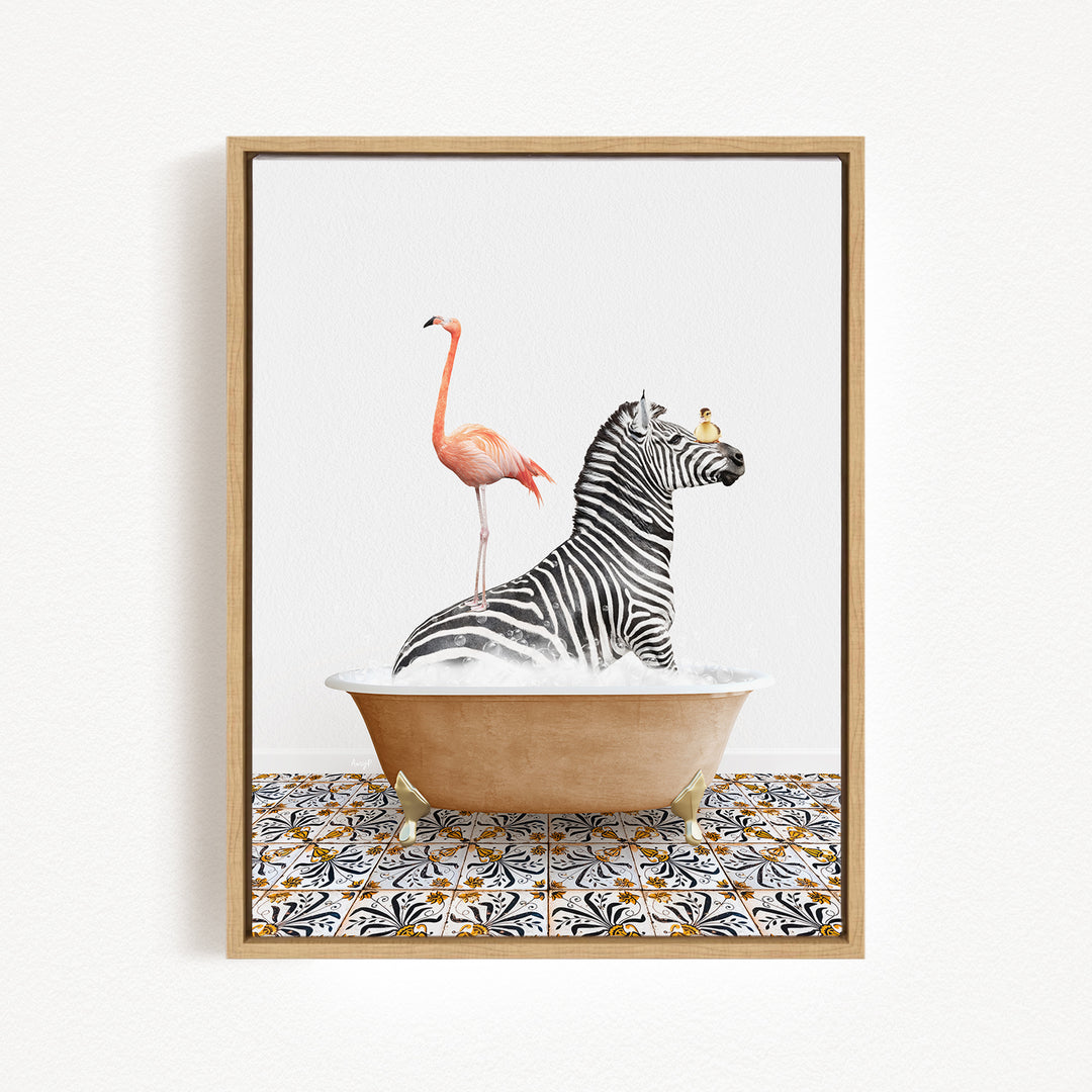 A framed image depicting a zebra standing in a bathtub with a pink flamingo, creating a whimsical and surreal scene.