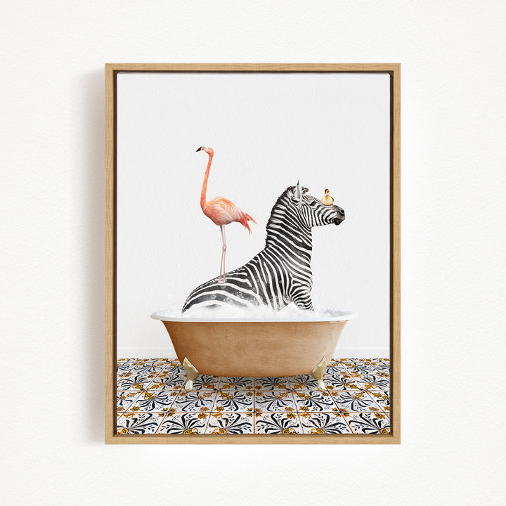 A framed image depicting a zebra standing in a bathtub with a pink flamingo, creating a whimsical and surreal scene.