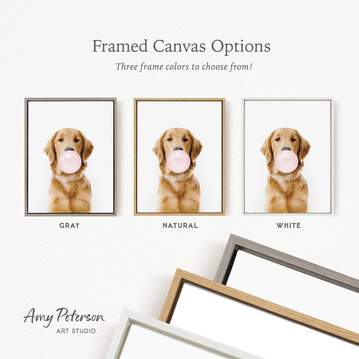 three framed canvas options for a dog with a pink bubble, each with a different frame color: gray, natural, and white.