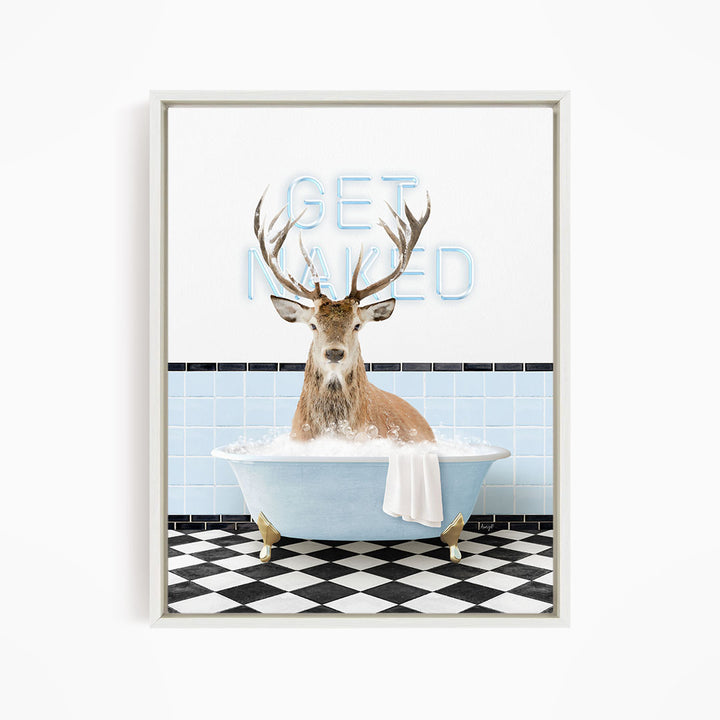 A deer with antlers is sitting in a bathtub filled with bubbles, with a sign that says "GET NAUGED" in the background.