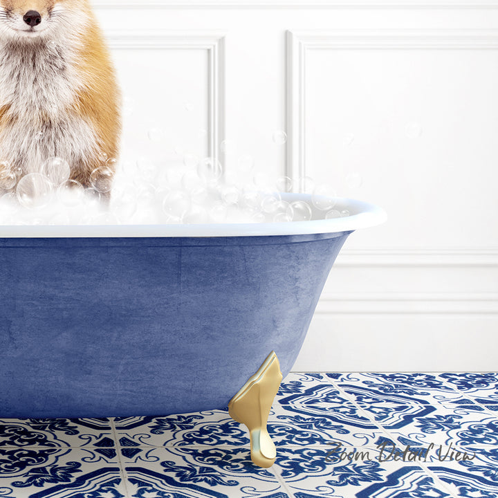 A dog standing in a blue bathtub filled with bubbles, with a patterned tile floor in the background.