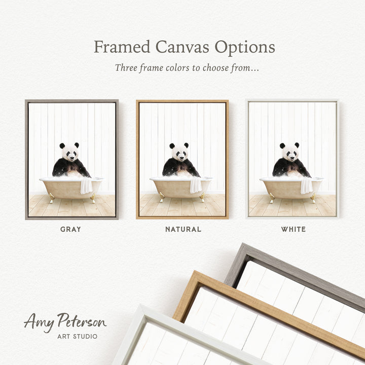 The image is a framed canvas option showcasing three different frame colors: gray, natural, and white. The panda bear is depicted in each frame, sitting in a bathtub.