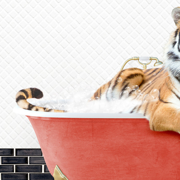 a tiger sitting in a bathtub with bubbles coming out of it