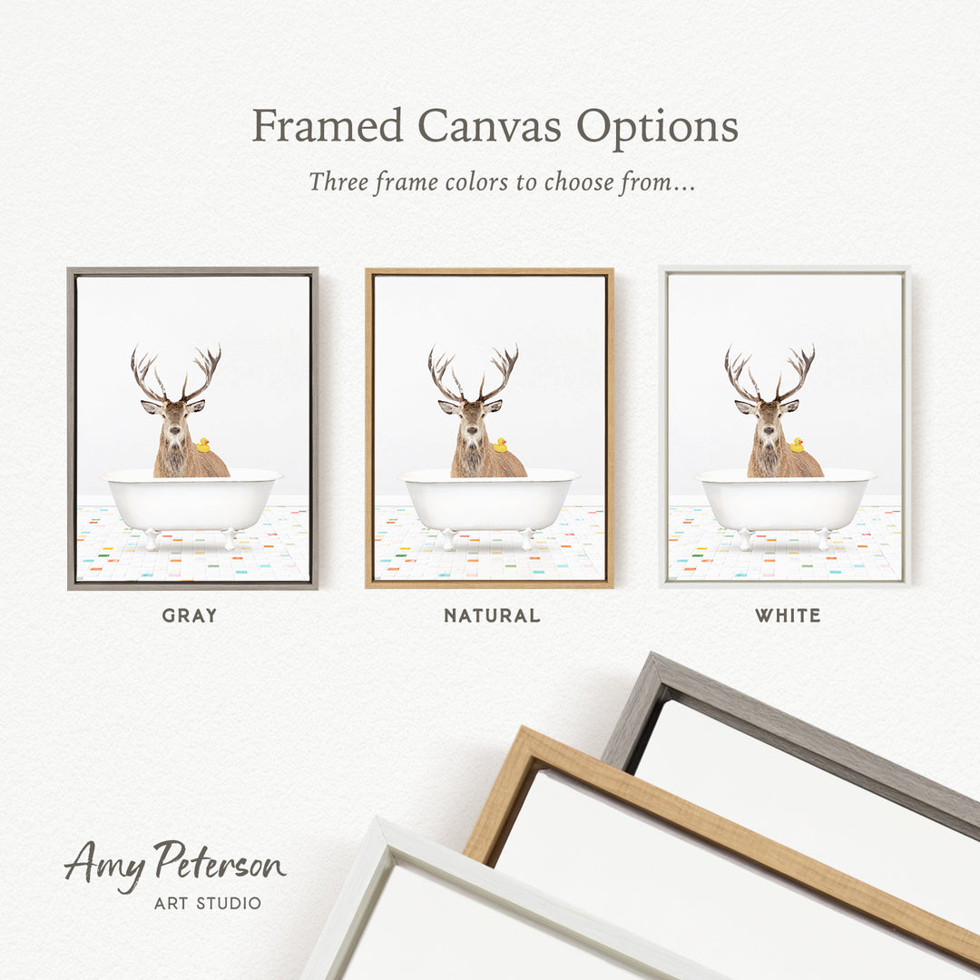 three framed canvas options featuring a deer in a bathtub, with each option having a different frame color: gray, natural, and white.