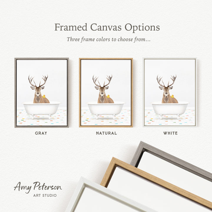 three framed canvas options featuring a deer in a bathtub, with each option having a different frame color: gray, natural, and white.