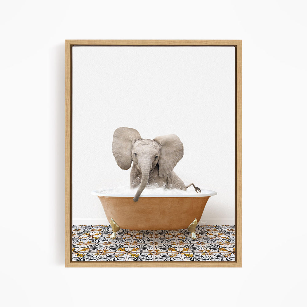 A gray elephant is sitting in a bathtub filled with water, surrounded by a patterned tile floor.
