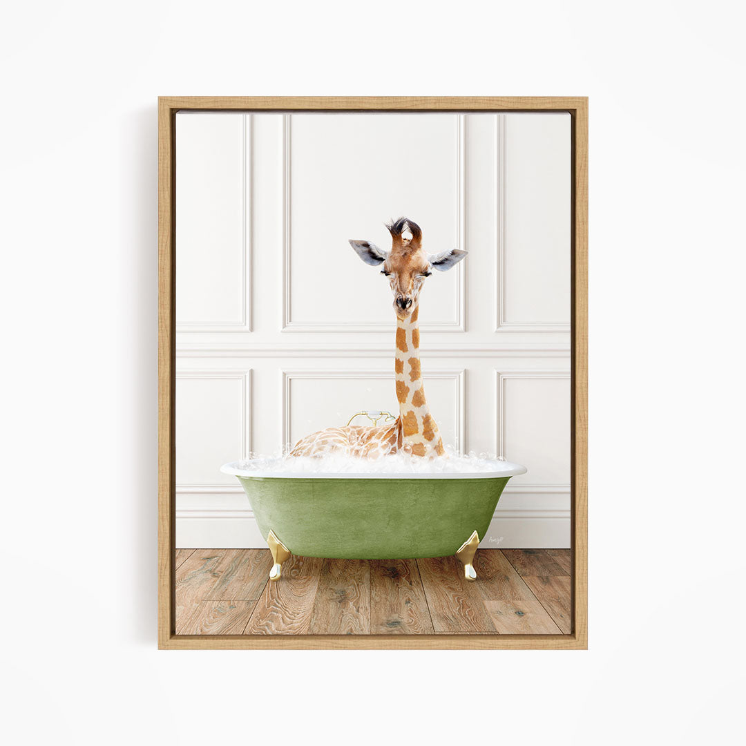A giraffe sitting in a green bathtub filled with bubbles, creating a whimsical and playful scene.