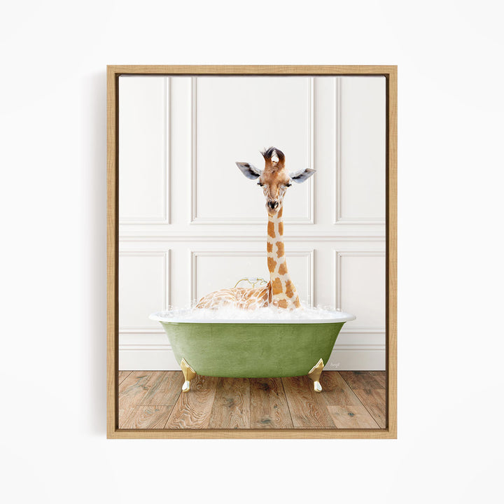 A giraffe sitting in a green bathtub filled with bubbles, creating a whimsical and playful scene.