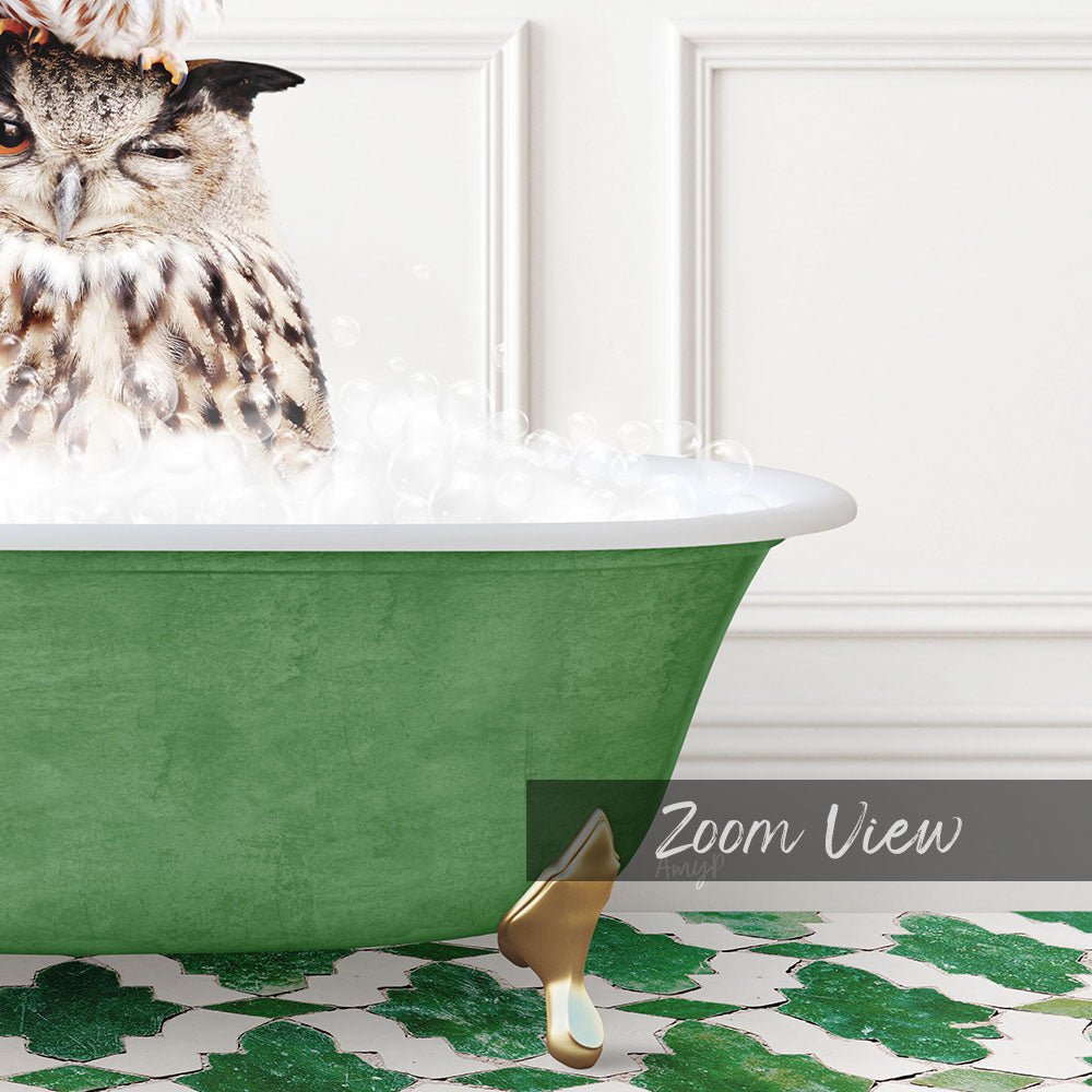 A close-up of an owl sitting in a green bathtub filled with bubbles, with a white wall and a patterned tile floor in the background.