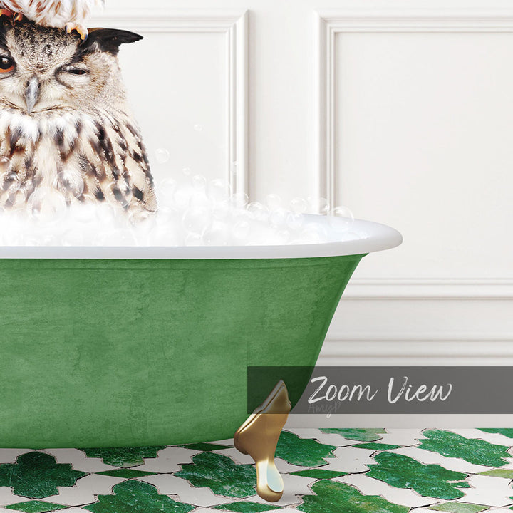 A close-up of an owl sitting in a green bathtub filled with bubbles, with a white wall and a patterned tile floor in the background.