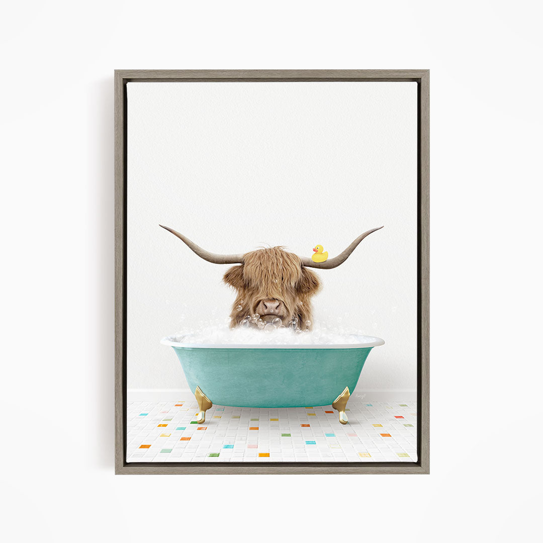 A horned animal, possibly a yak or a bison, is sitting in a blue bathtub filled with water, with a rubber duck floating on the surface.